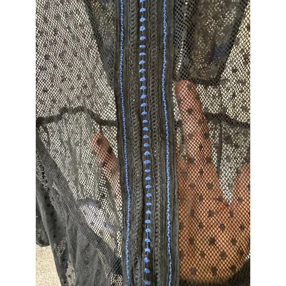 Free People Black Blue Embroidered Tassel Lace Blouse XS Boho Festival Y2K